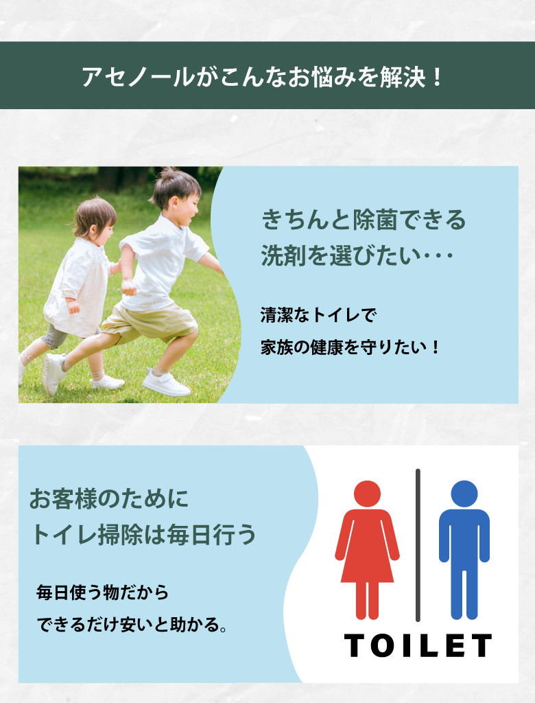 アセノールは使い方次第でしっかり除菌出来てしかも使用量が少なくて済むからコスパも良いトイレ洗剤です。