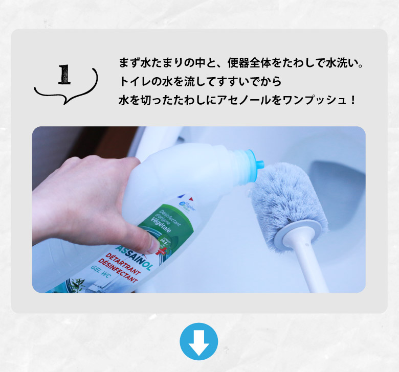 ますは水たまりの中と便器全体を洗剤無しで下洗い